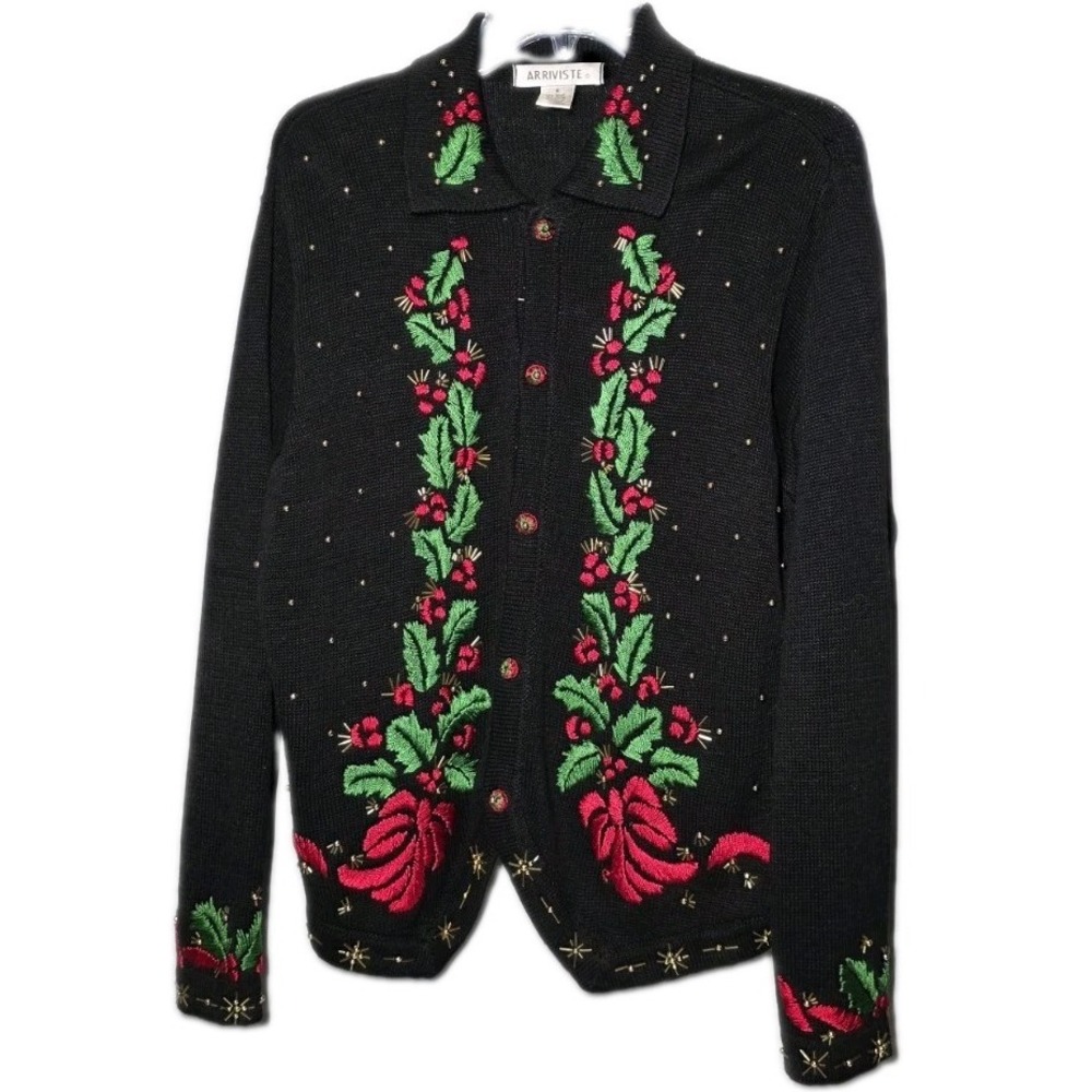 Arriviste Christmas Cardigan Womens Size Medium Embroidered Holly Sweater VTG